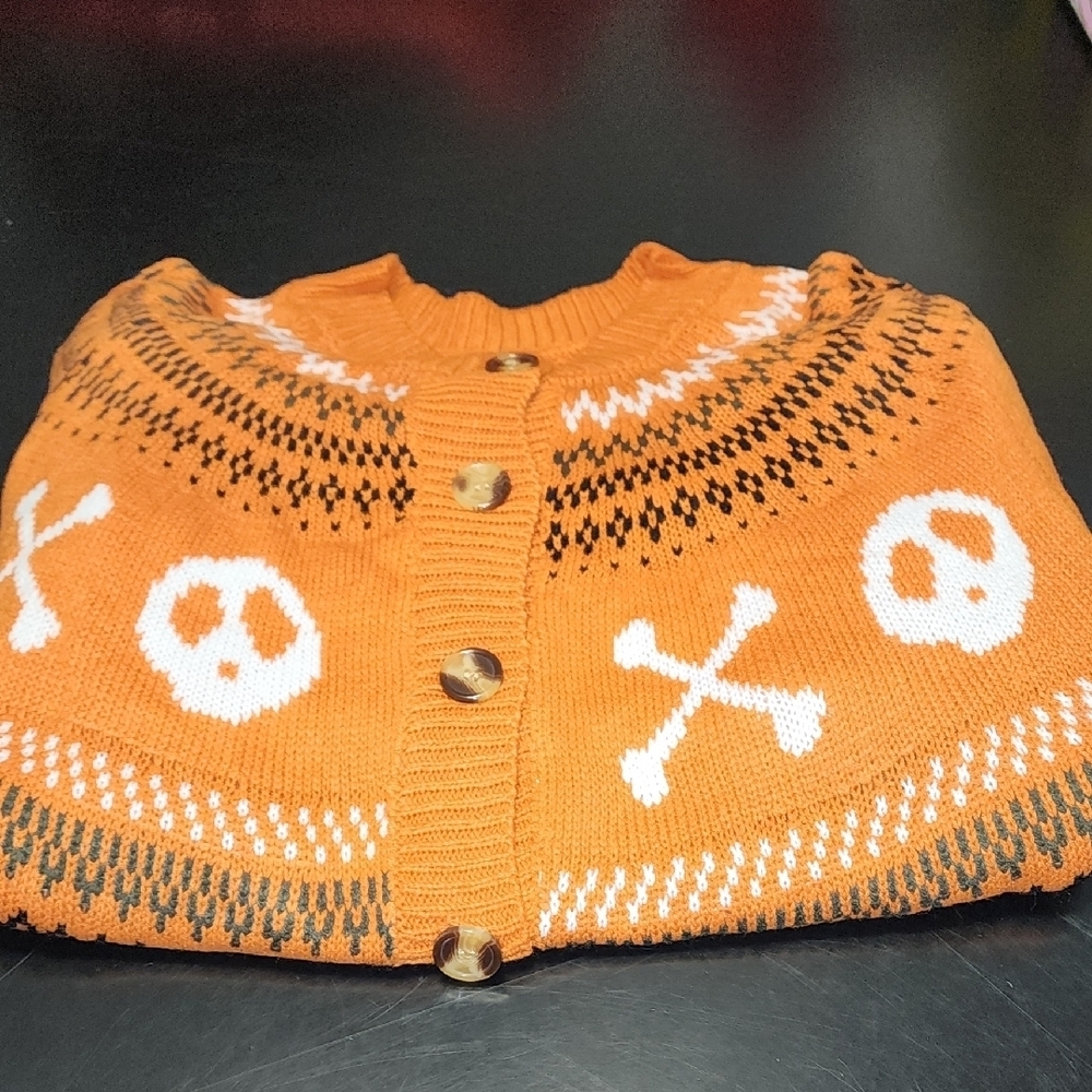 Halloween Orange Skull and Crossbones Cardigan Sweater Sz 0XL